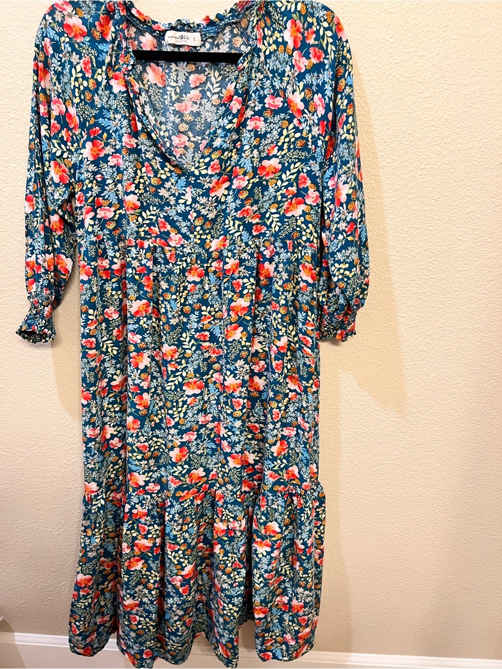 NATURAL LIFE Teal Floral Maxi Dress with Puff Sleeves